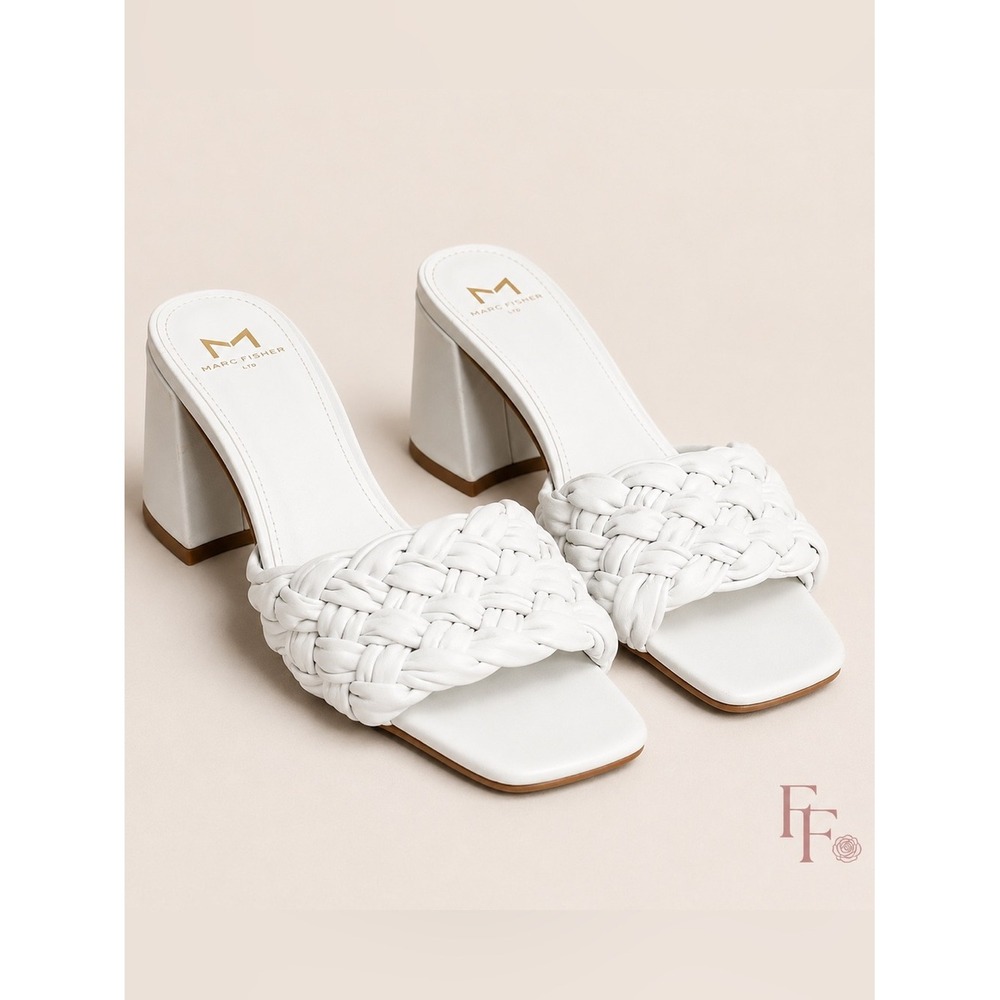 Marc Fisher LTD White Braided Leather Block Heel Mule Sandals Size 6M